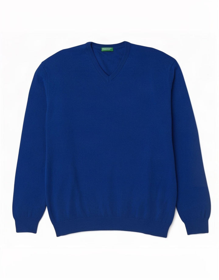 Maglione da uomo con scollo a V Benetton 2XL lana merino blu
