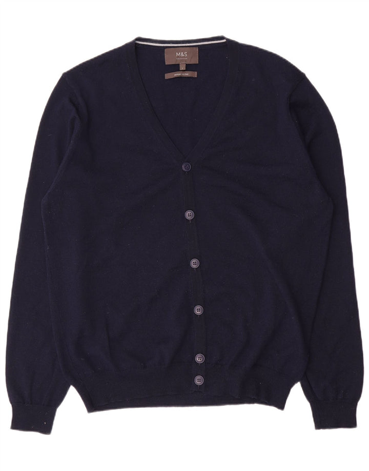 Maglione cardigan da uomo Marks & Spencer grande in lana merino blu navy