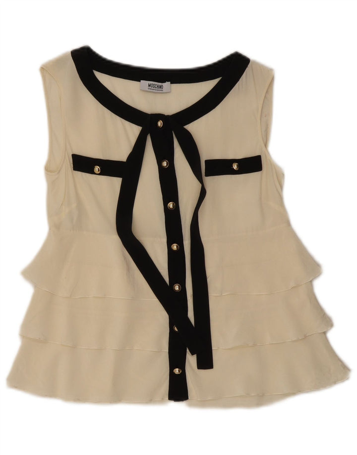 Moschino Donna Camicetta Corta Senza Maniche Top UK 8 Piccola Seta Bianca