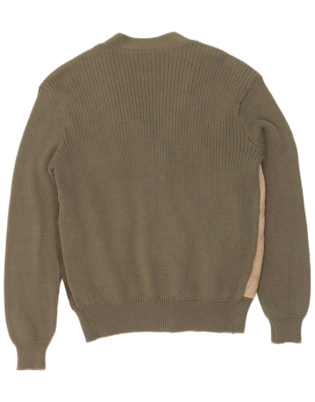 Maglione cardigan in pelle scamosciata vintage da uomo IT 50 Lana color block color kaki medio