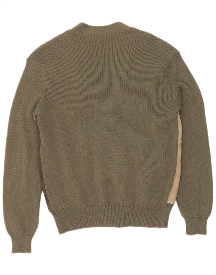 Maglione cardigan in pelle scamosciata vintage da uomo IT 50 Lana color block color kaki medio