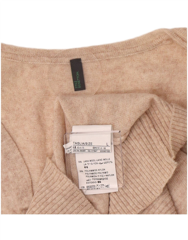 Maglione da donna con scollo a V Benetton UK 14 Large Beige Lana