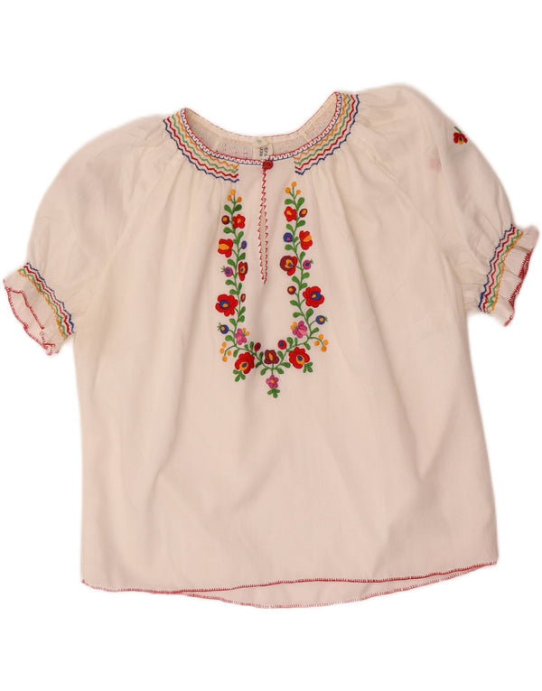 Top camicetta corta da donna VINTAGE UK 16 grande poliestere floreale bianco
