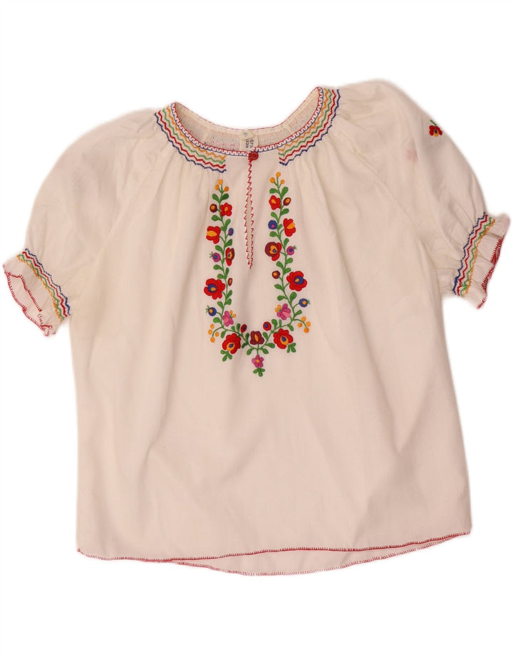 Top camicetta corta da donna VINTAGE UK 16 grande poliestere floreale bianco