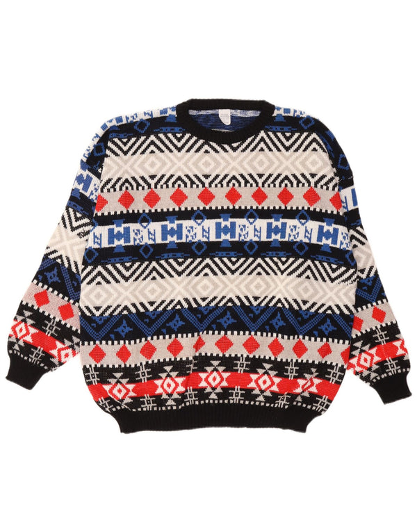 Maglione girocollo da uomo vintage in lana geometrica multicolore grande