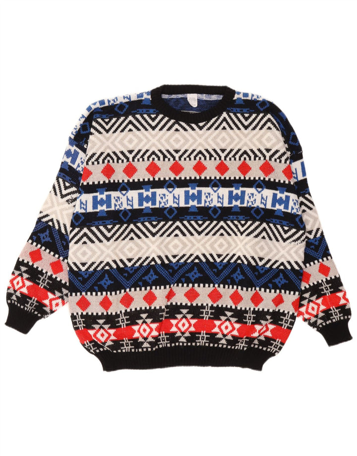 Maglione girocollo da uomo vintage in lana geometrica multicolore grande