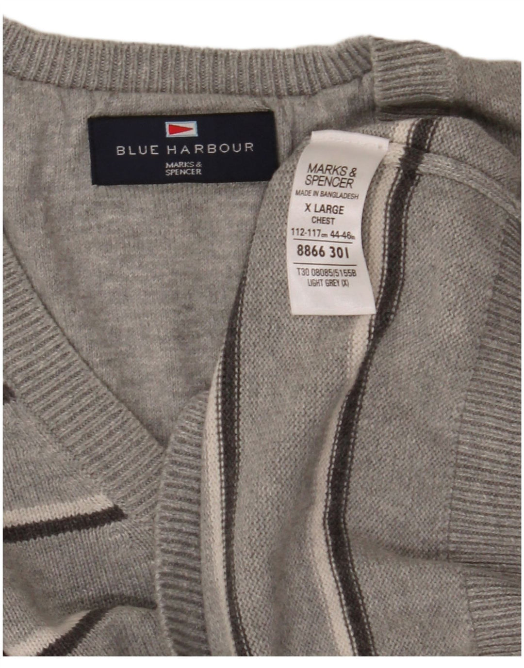 Maglione Marks & Spencer da uomo con scollo a V blu Harbour XL a righe grigie