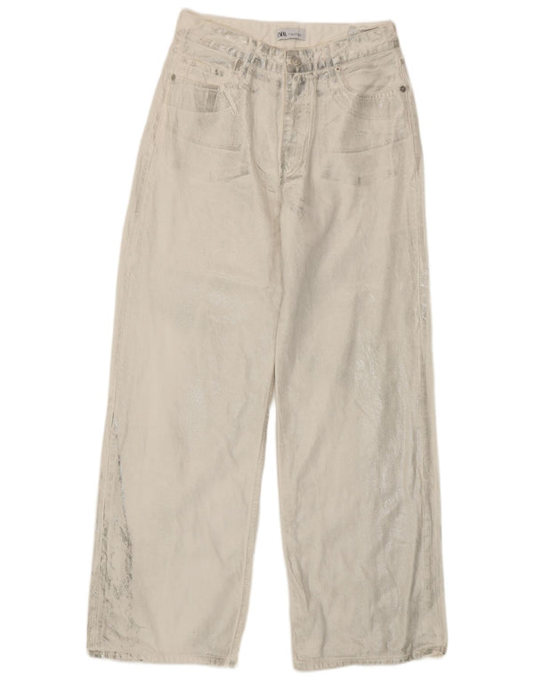 Jeans Zara da donna a vita alta a gamba larga EU 40 medio W30 L31 bianco tie dye