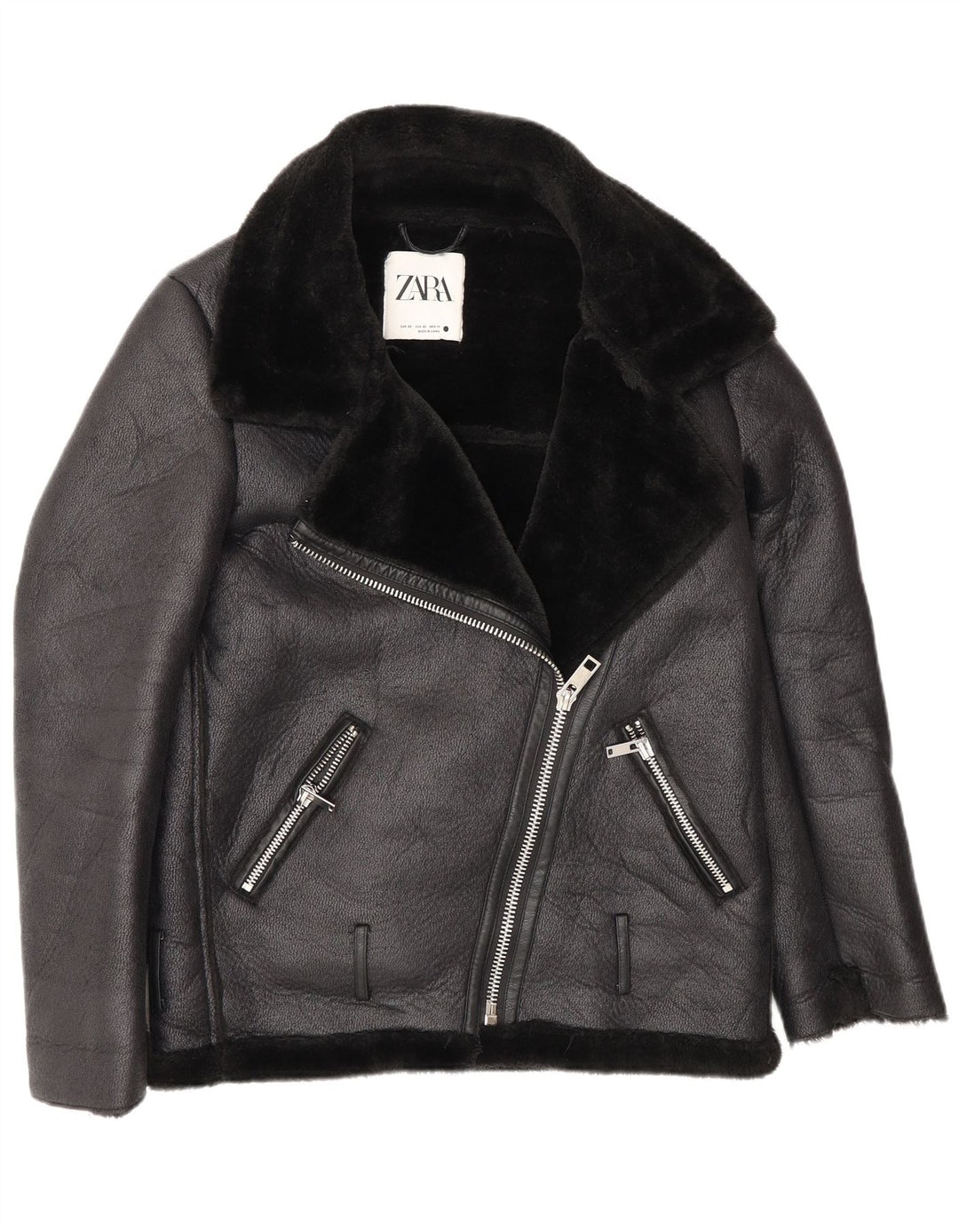 Giacca da motociclista Sherpa oversize da donna Zara, vestibilità ampia, UK 6 XS, poliestere nero