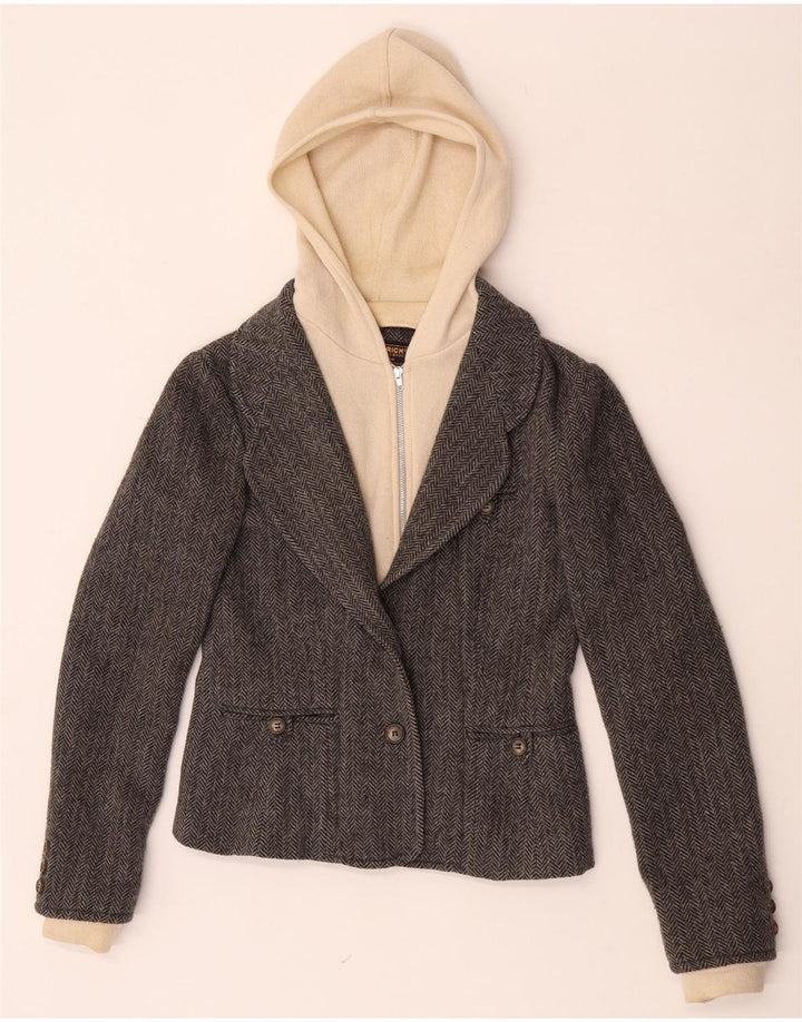 ricca giacca blazer con cappuccio a 1 bottone da donna UK 10 piccola spina di pesce grigia