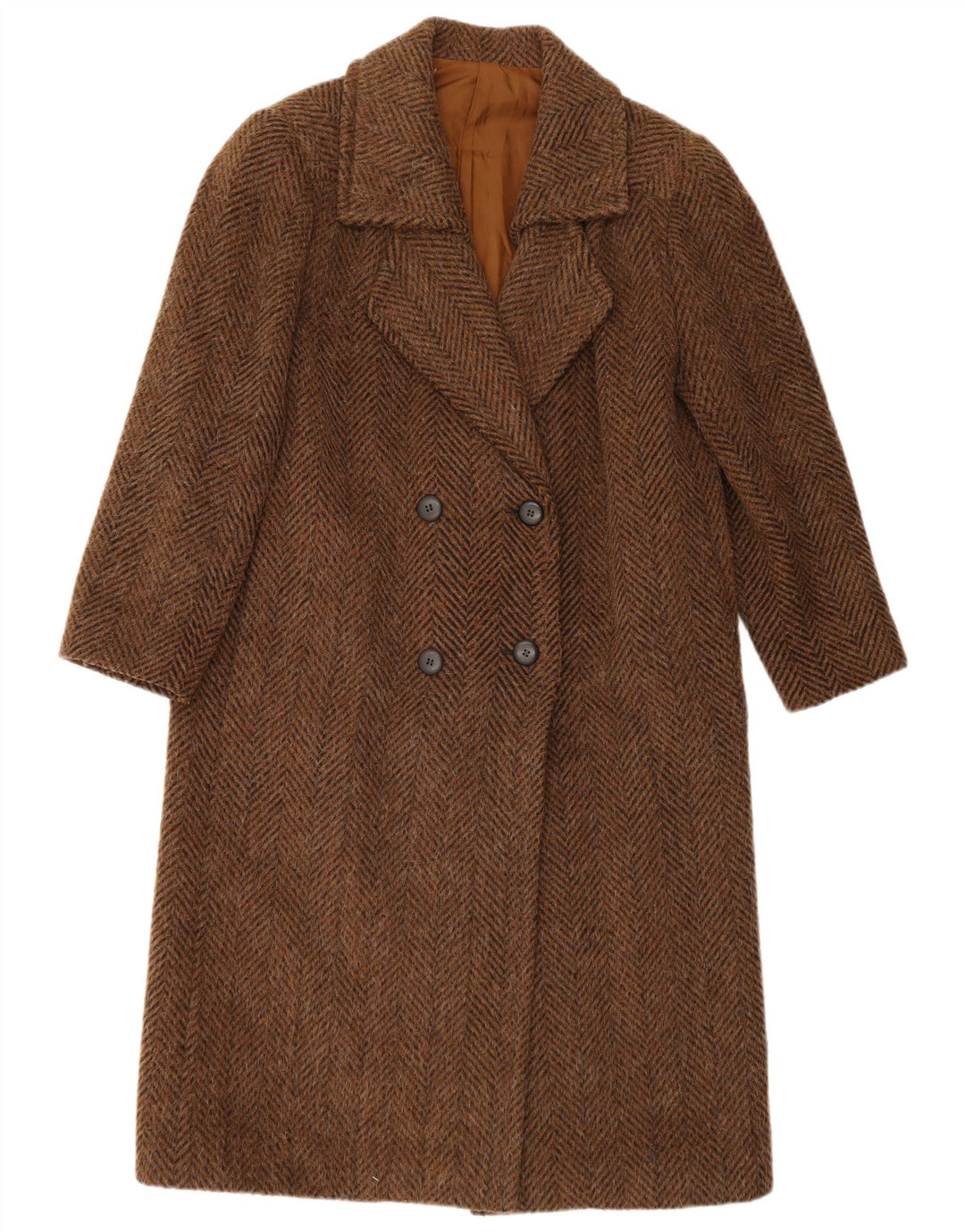 Cappotto doppiopetto vintage da donna UK 14 grande lana a spina di pesce marrone