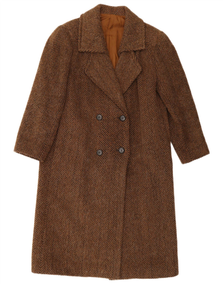 Cappotto doppiopetto vintage da donna UK 14 grande lana a spina di pesce marrone