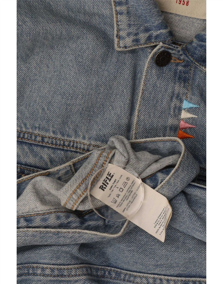 Giacca in denim grafico da uomo Rifle UK 40 grande cotone blu
