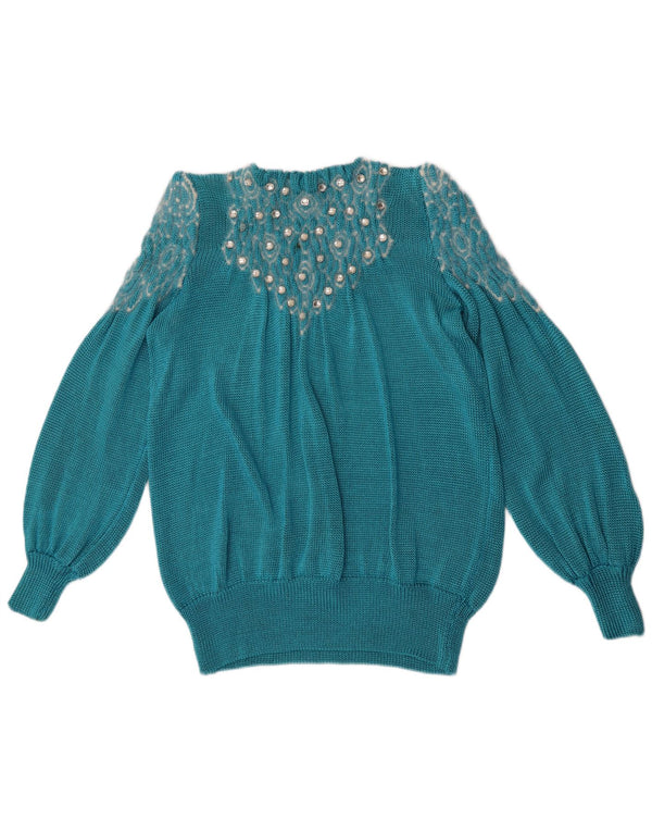 Maglione girocollo da donna vintage con motivo astratto girocollo UK 14 grande blu