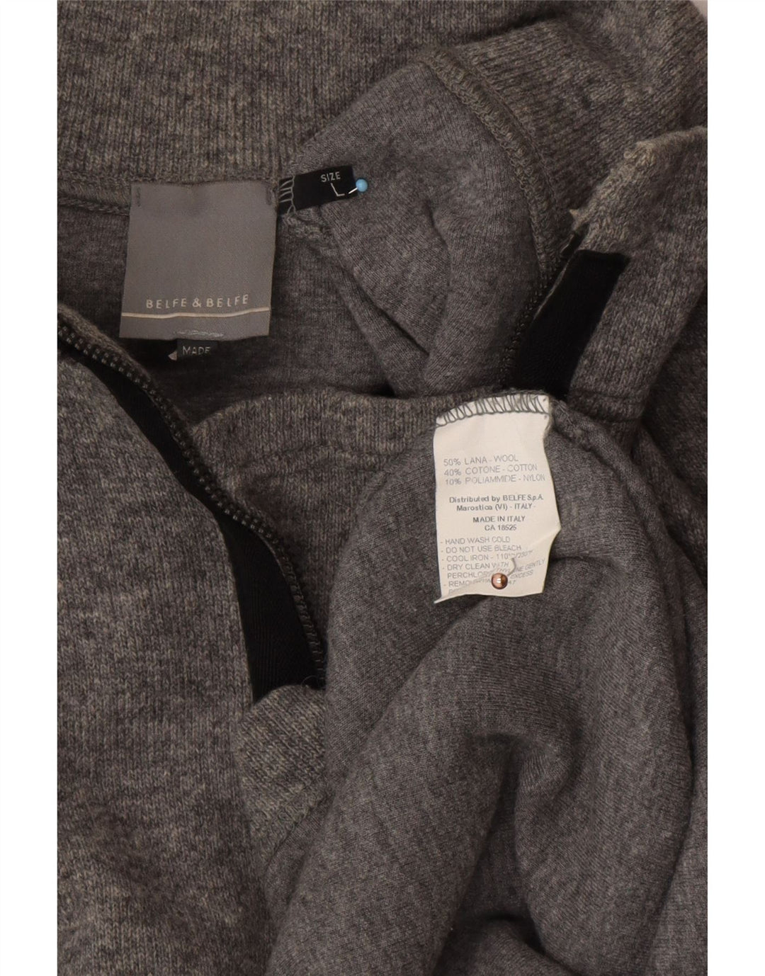 BELFE & BELFE Maglione da uomo con zip e collo grande in lana grigia