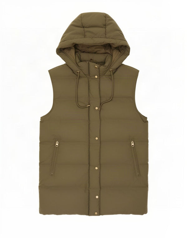 Zara Womens Longline Hooded Padded Gilet UK 16 Large Khaki Polyester