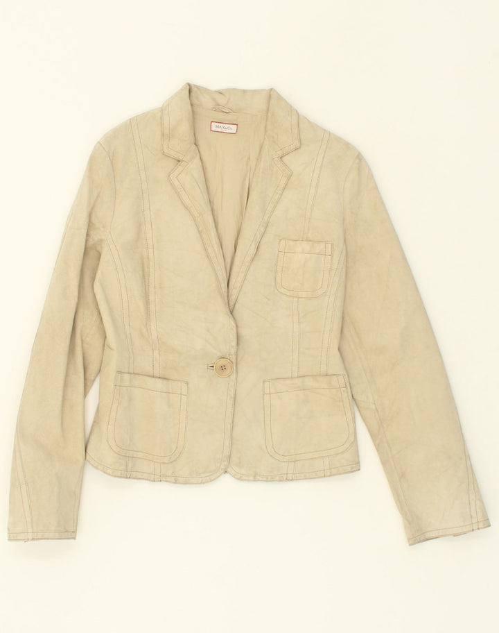 MAX & CO. Womens 1 Button Leather Blazer Jacket IT 46 Large Beige Leather | Vintage Max & Co. | Thrift | Second-Hand Max & Co. | Used Clothing | Messina Hembry 