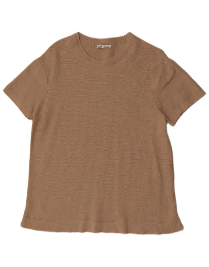 T-shirt da uomo a maniche corte Zara in cotone marrone medio