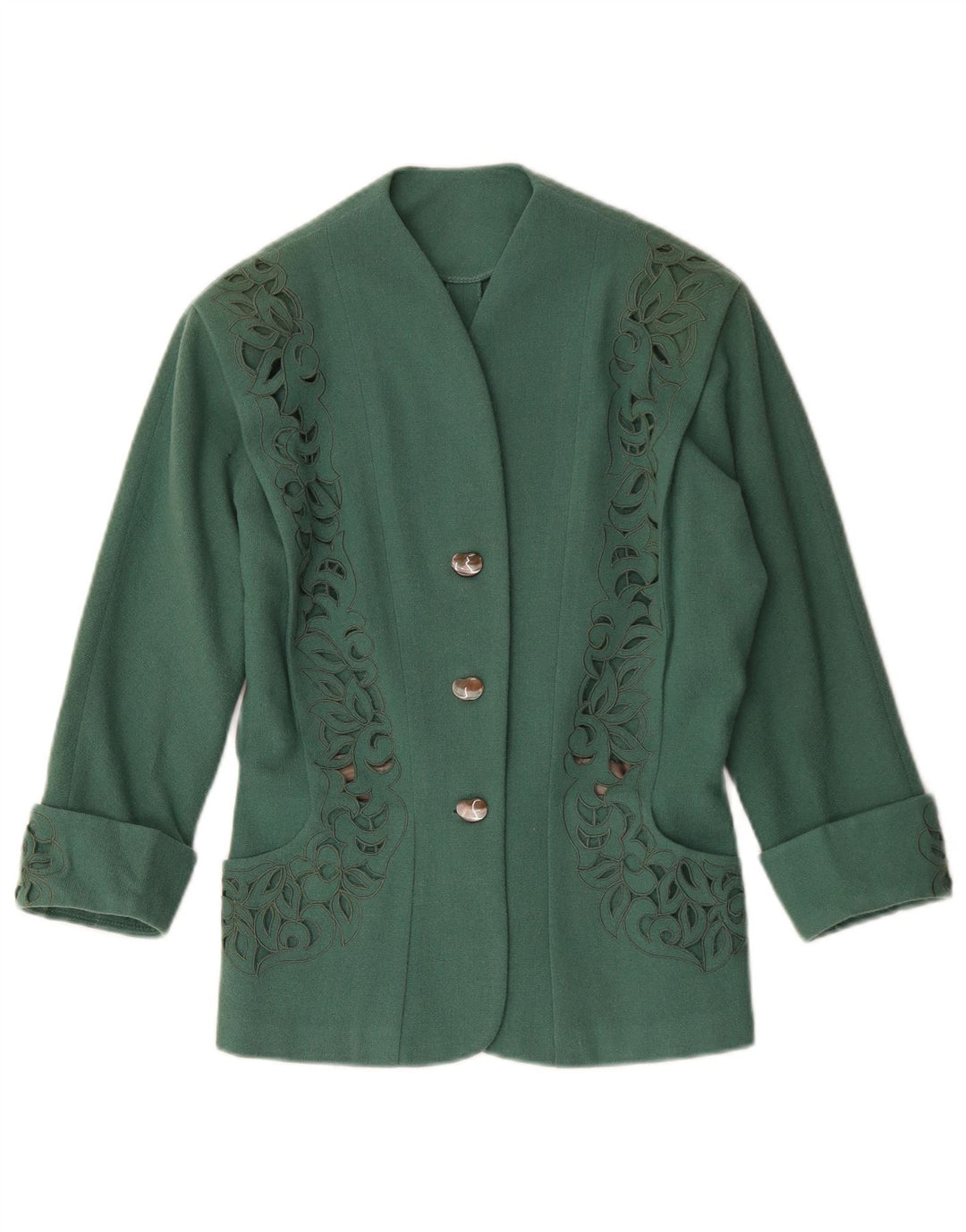 Giacca blazer vintage da donna a 3 bottoni UK 12 verde medio Paisley