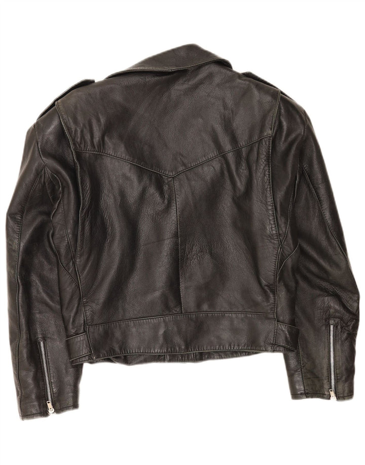 Giacca da motociclista in pelle corta da donna vintage IT 46 grande in pelle nera