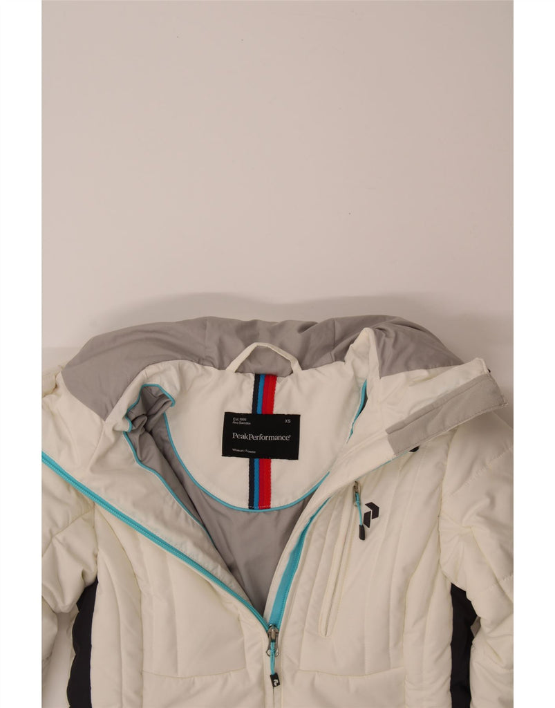 PEAK PERFORMANCE Womens Hooded Padded Jacket UK 6 XS Off White Colourblock Vintage Peak Performance and Second-Hand Peak Performance from Messina Hembry 