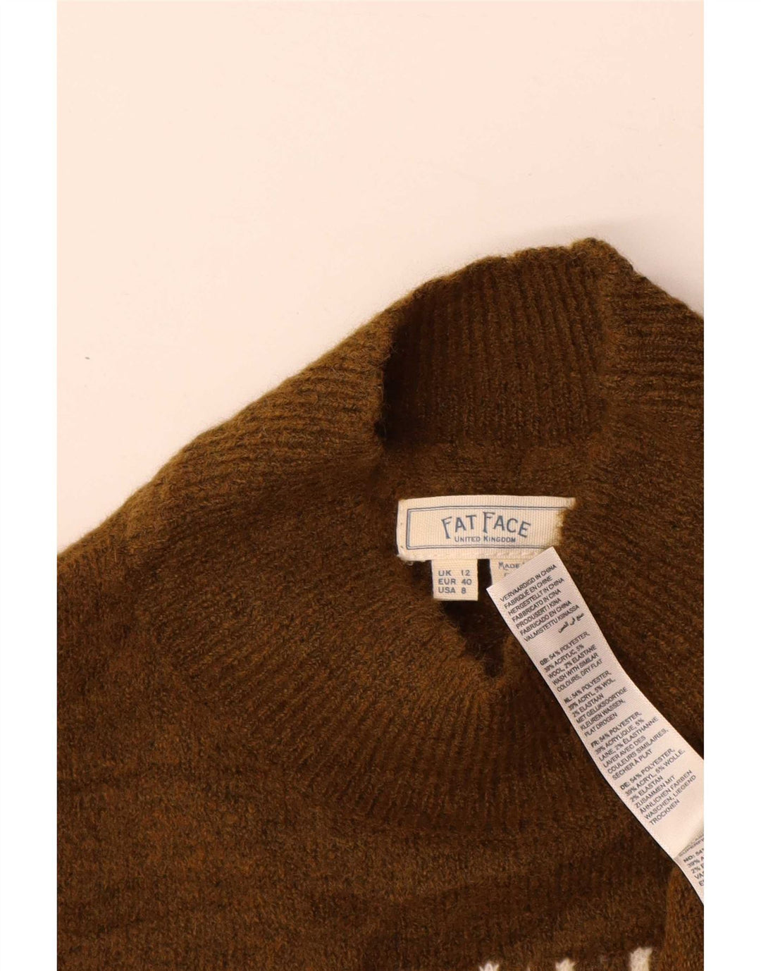 Maglione maglione da donna con collo dolcevita da donna Fat Face UK 12 Medium Khaki Fair Isle