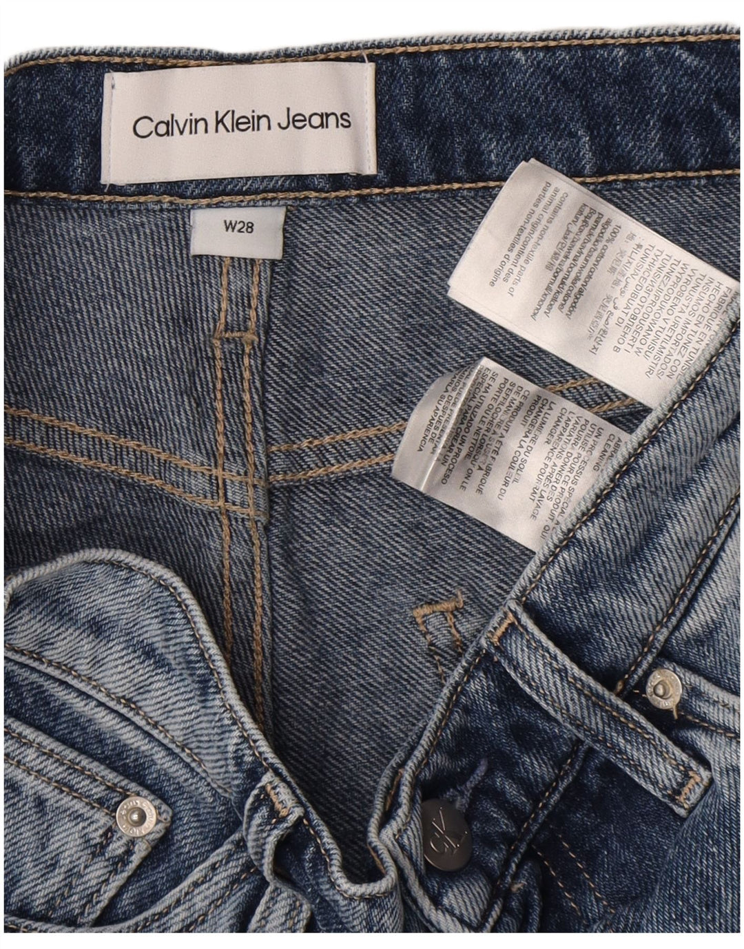 Pantaloni caldi da donna in denim effetto invecchiato Calvin Klein W28 cotone blu medio