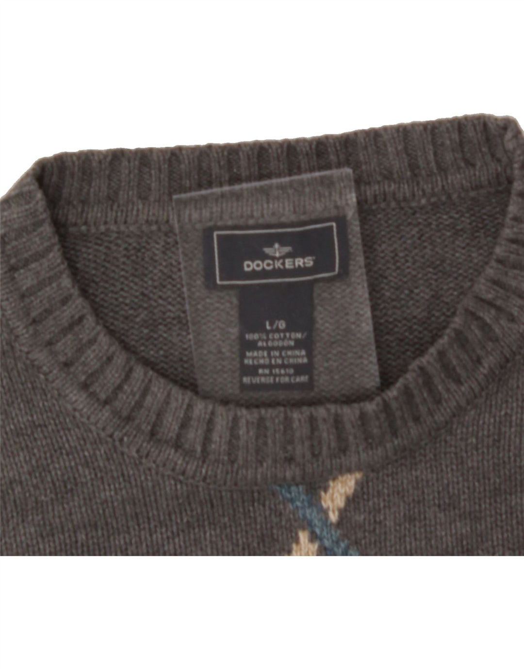 DOCKERS Mens Crew Neck Jumper Sweater Large Grey Argyle/Diamond Cotton Vintage Dockers and Second-Hand Dockers from Messina Hembry 