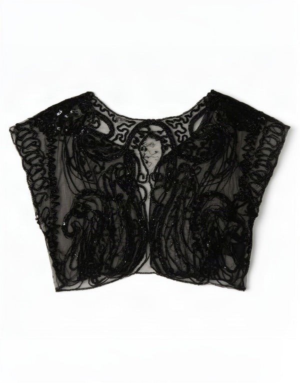 Top corto trasparente da donna vintage senza maniche UK 8 piccolo motivo cachemire nero