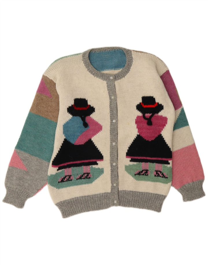 Maglione cardigan da donna vintage UK 16 grande blocco di colori multicolore