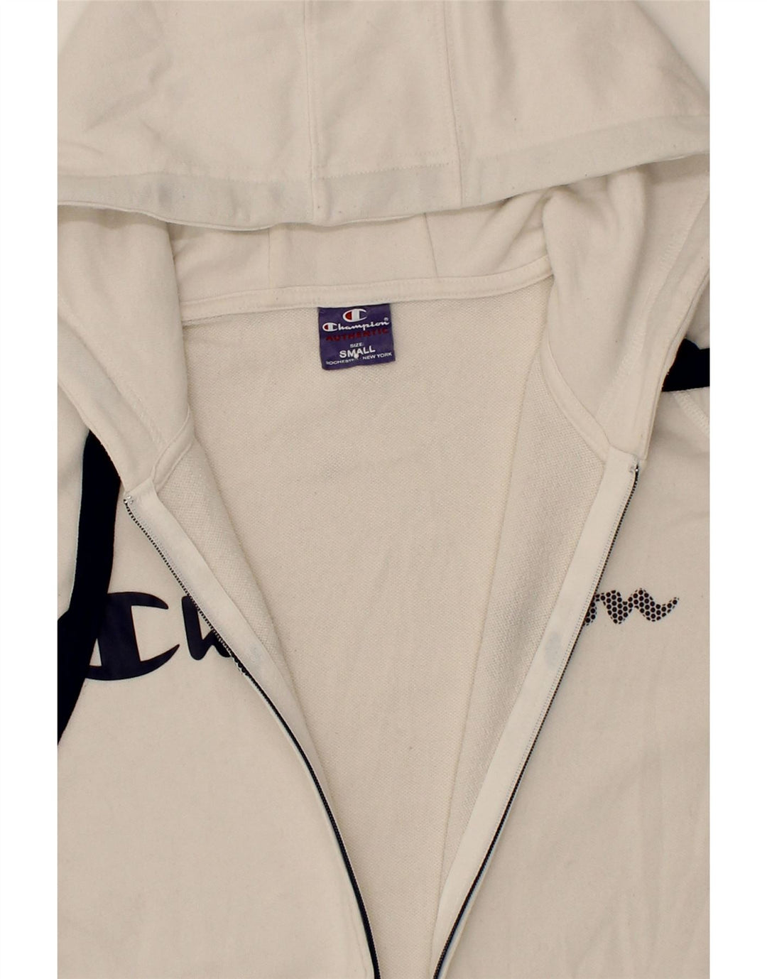 CHAMPION Mens Graphic Zip Hoodie Sweater Small White Cotton Vintage Champion and Second-Hand Champion from Messina Hembry 