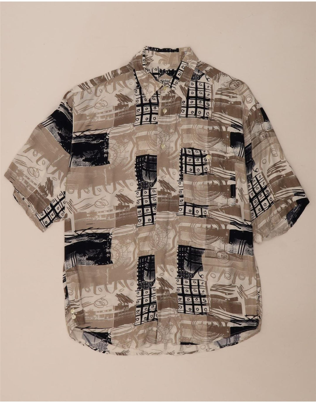 Camicia vintage da uomo a maniche corte grande patchwork beige