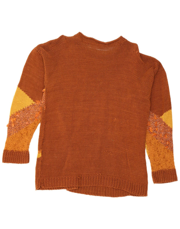 Maglione maglione girocollo da donna vintage UK 16 grande floreale marrone