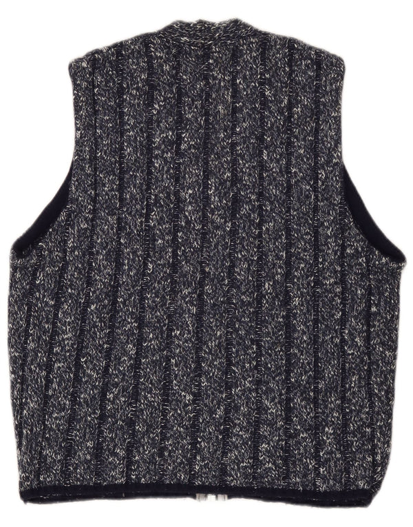 Maglione cardigan senza maniche vintage da donna UK 14 medio blu navy screziato