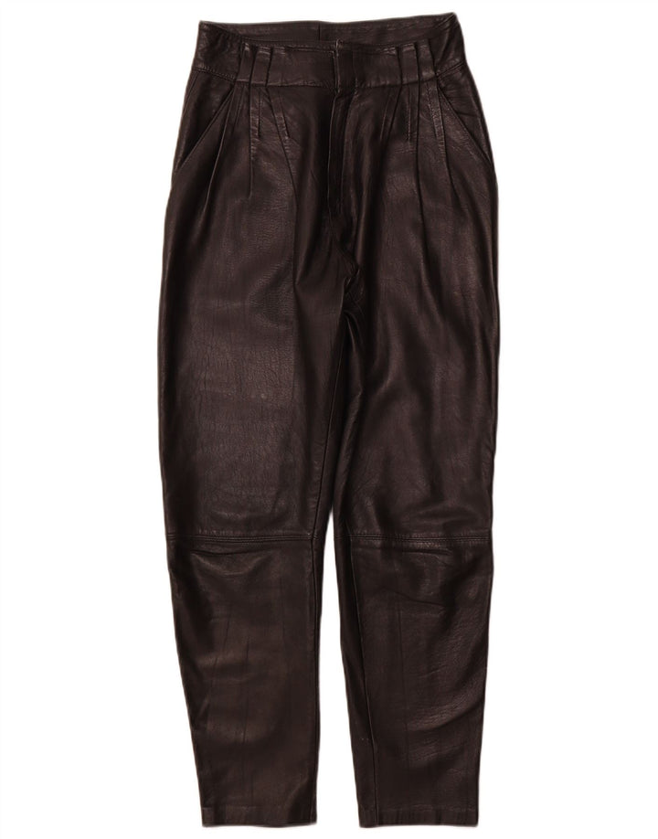 Pantaloni da donna in pelle con tasselli VINTAGE IT 44 medio W26 L26 Pelle nera