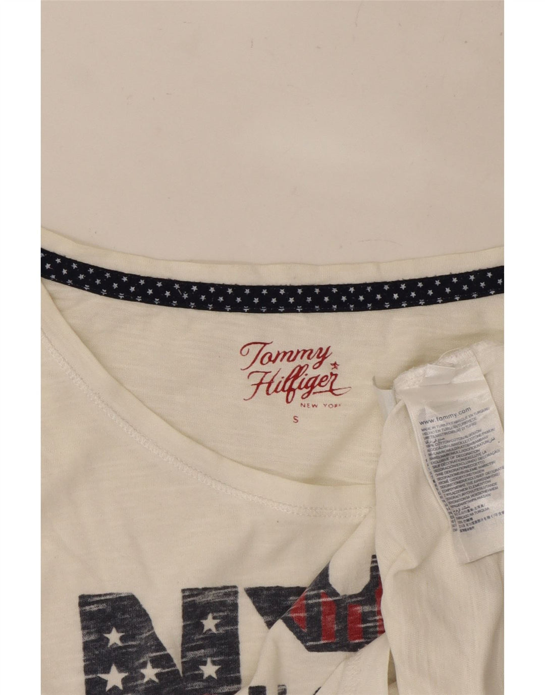 TOMMY HILFIGER T-shirt grafica oversize da donna Top UK 10 Small Bianca