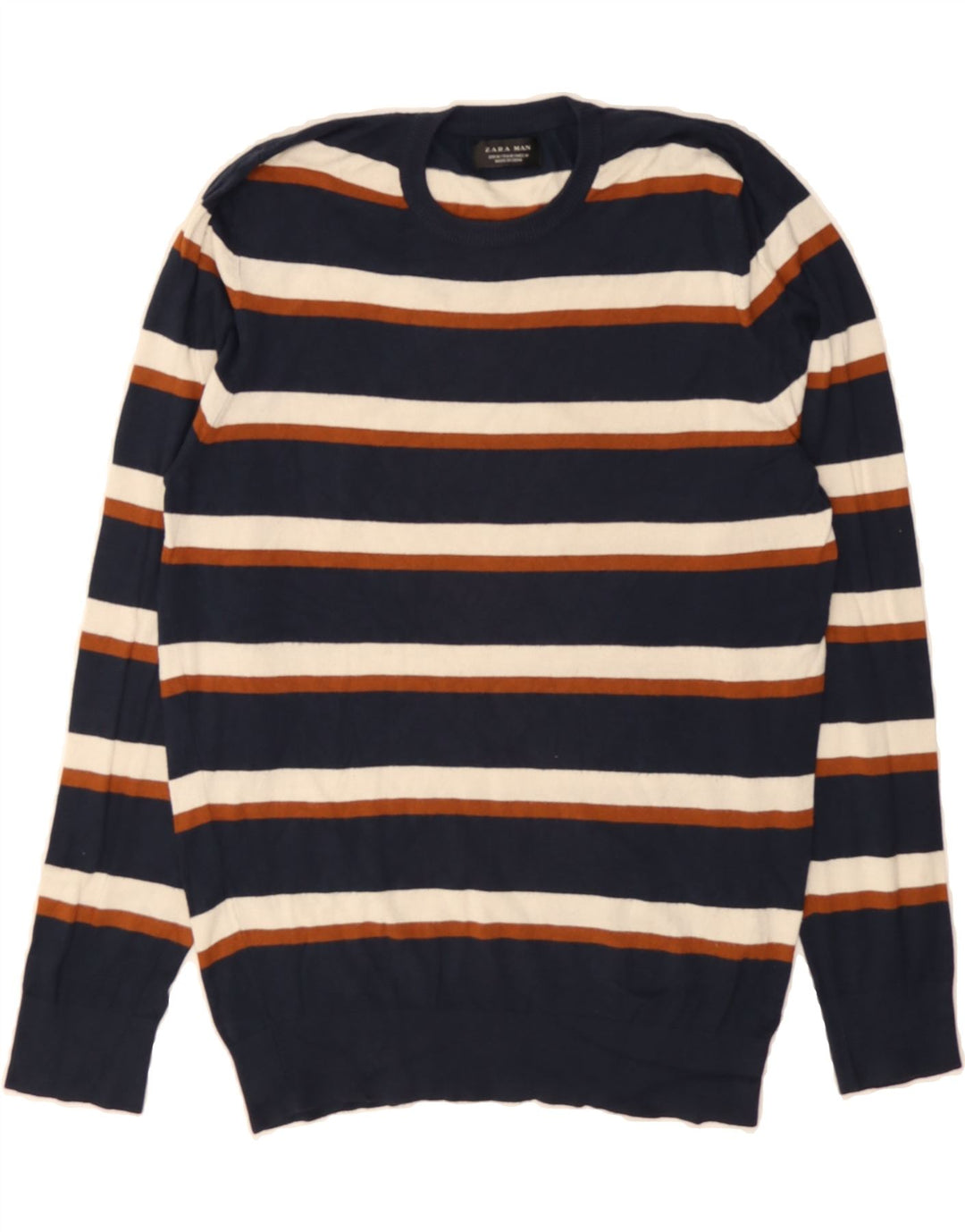 ZARA Mens Crew Neck Jumper Sweater Medium Navy Blue Striped Viscose Vintage Zara and Second-Hand Zara from Messina Hembry 