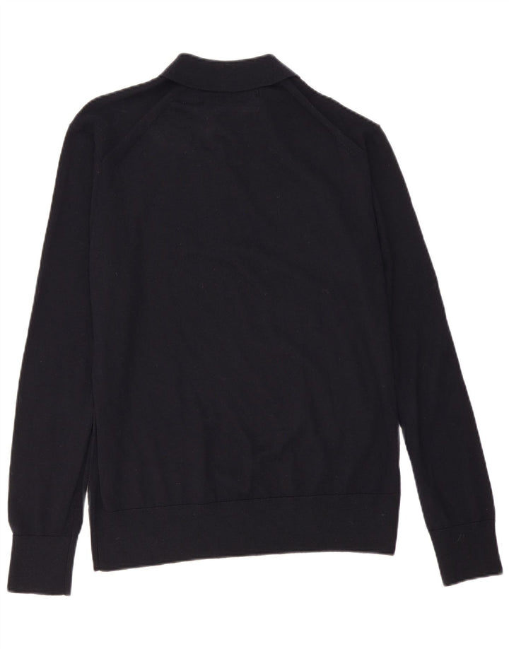 Maglione vintage da uomo con collo a polo, lana merino media blu navy
