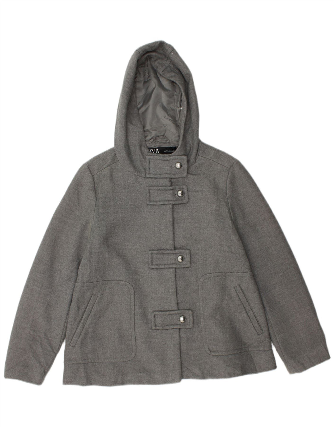ZARA Womens Hooded Duffle Jacket UK 14 Medium Grey Acrylic