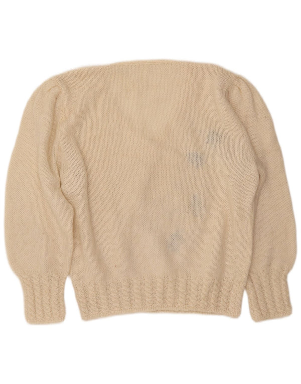 Maglione maglione con scollo a V da donna VINTAGE UK 16 grande floreale bianco sporco