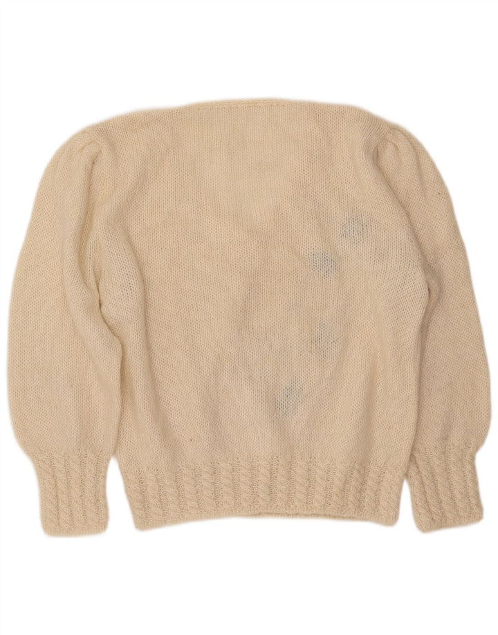 Maglione maglione con scollo a V da donna VINTAGE UK 16 grande floreale bianco sporco