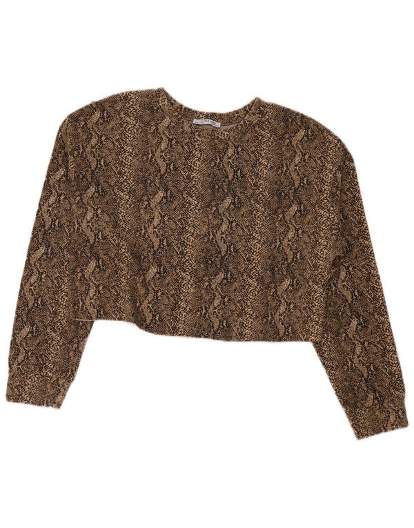 Zara Trafaluc Top corto da donna a maniche lunghe UK 14 Marrone medio Stampa animalier