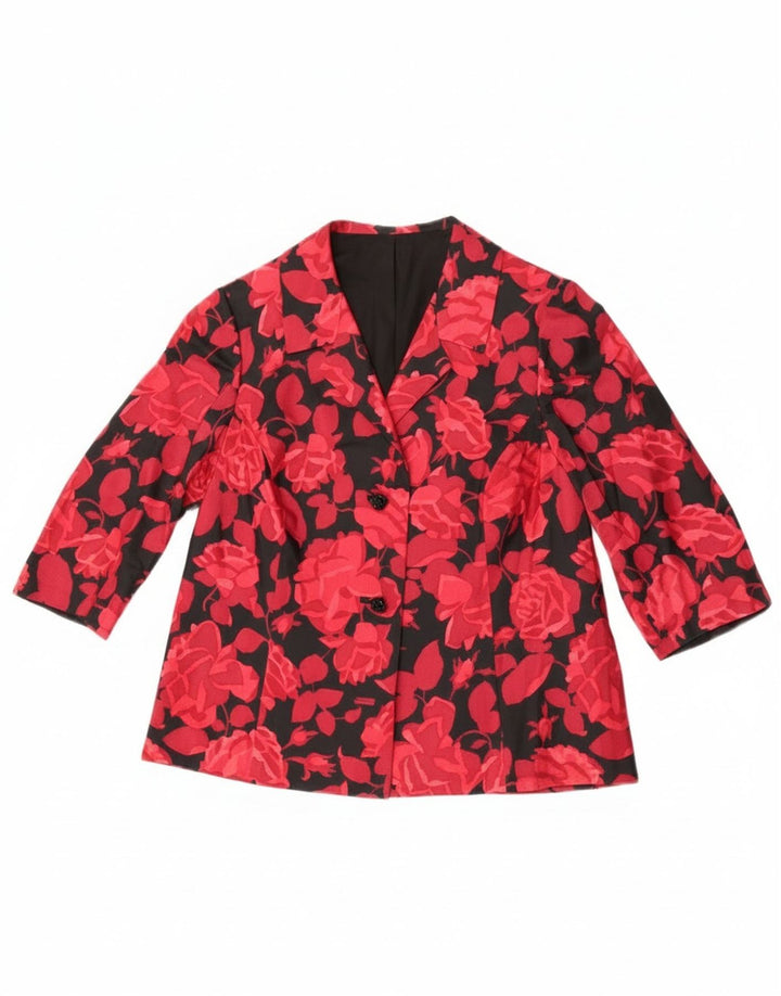 Giacca blazer vintage da donna con maniche a 3/4 e 2 bottoni, UK 14, rosso medio floreale