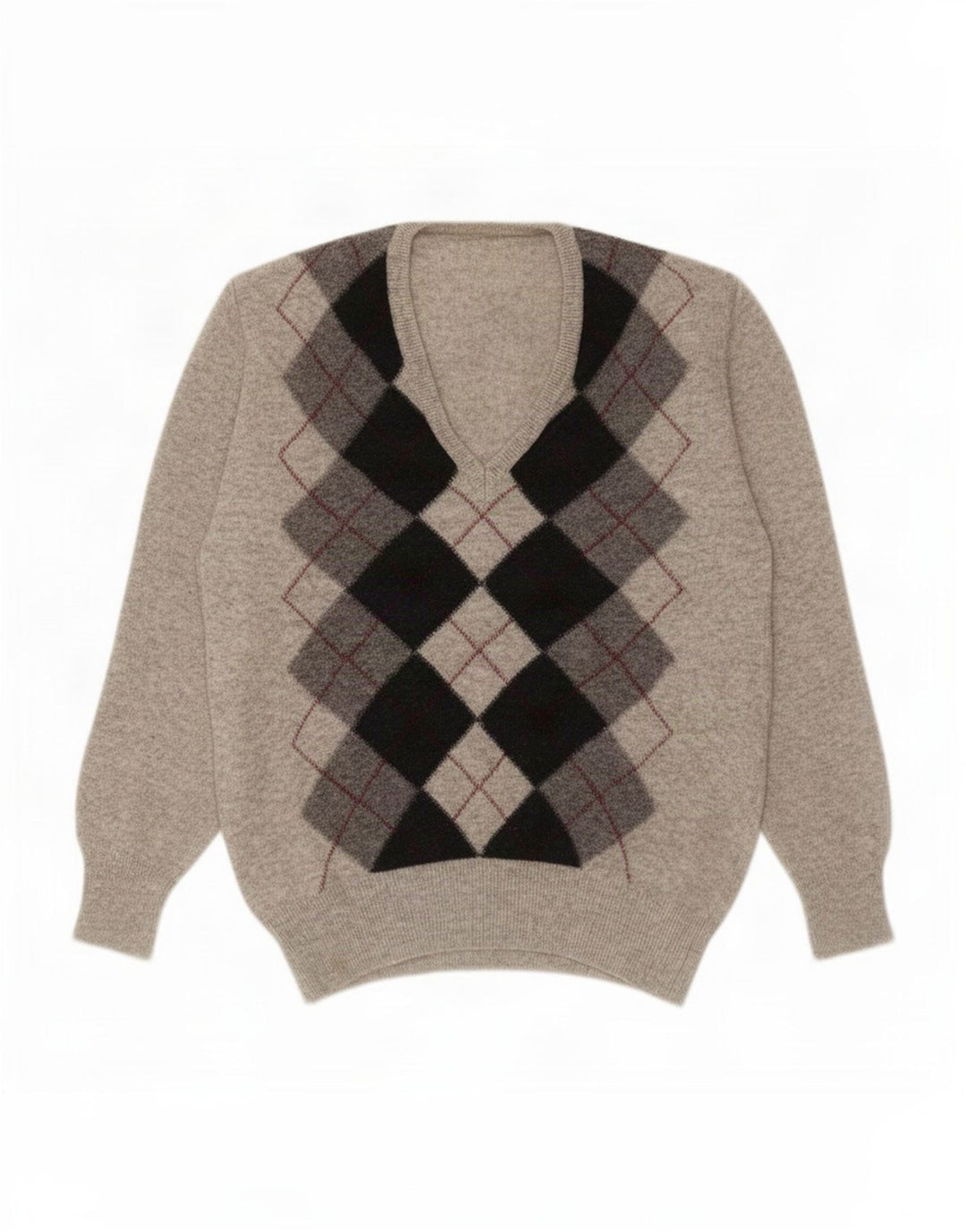 Maglione vintage da uomo con scollo a V piccolo grigio a rombi/diamante