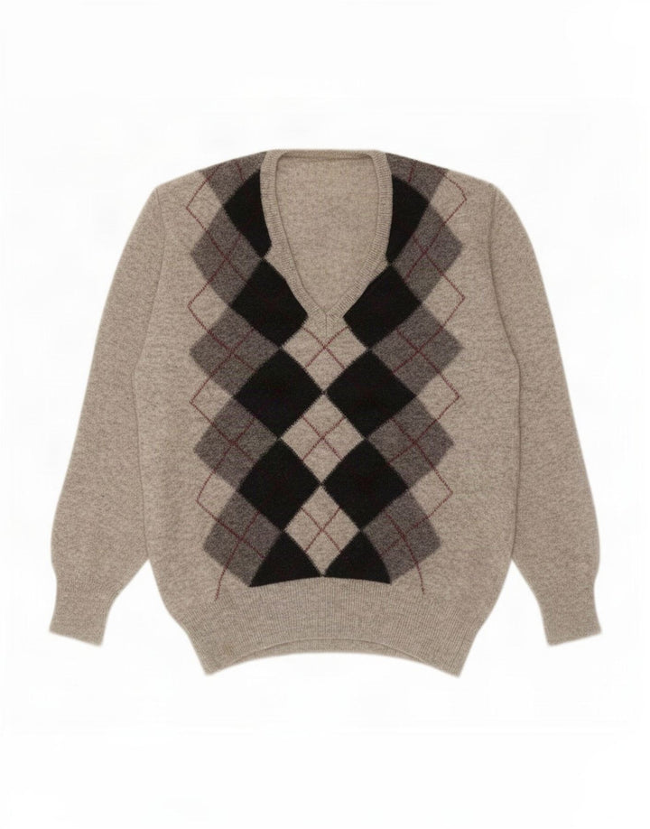 Maglione vintage da uomo con scollo a V piccolo grigio a rombi/diamante