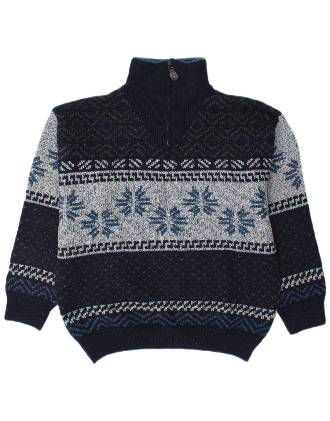 CAMARGUE Maglione da uomo con collo con zip, blu navy medio, Fair Isle invernale