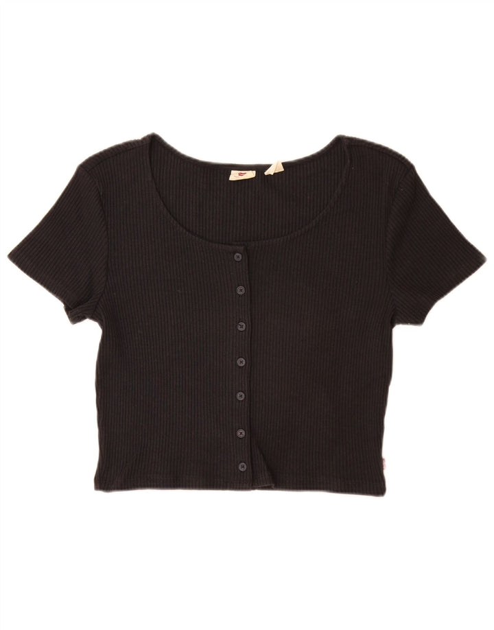Levi's Donna Crop Manica Corta Camicia Camicetta UK 14 Grande Nero