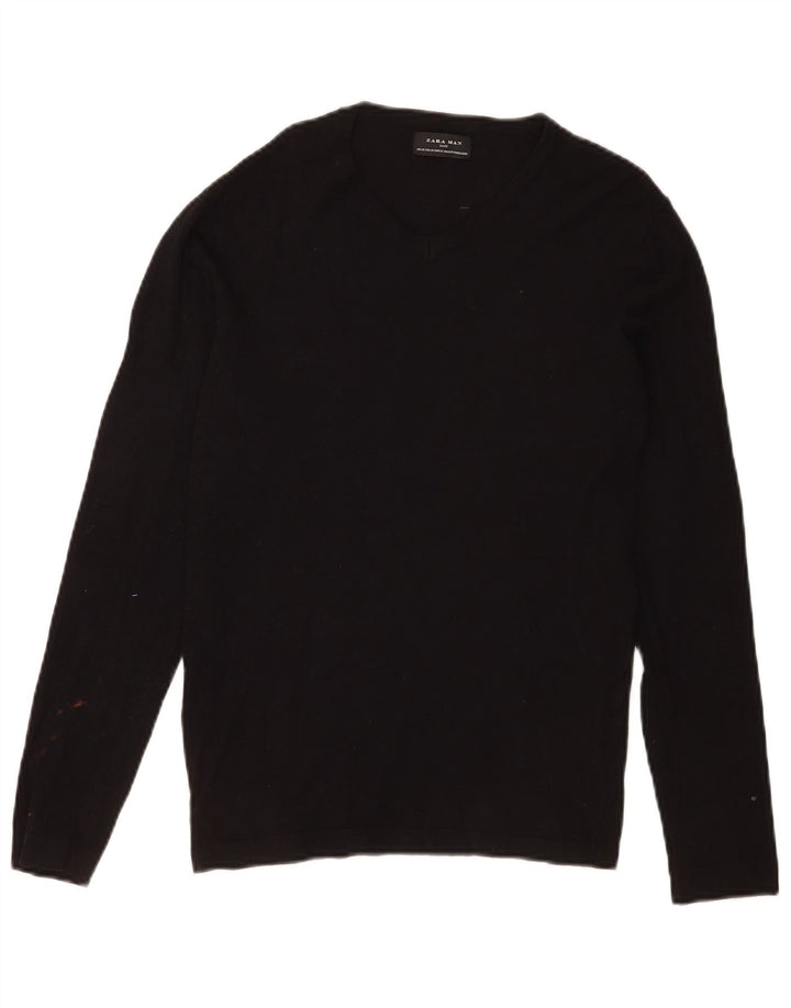 Maglione Zara da uomo con scollo a V in viscosa nera media