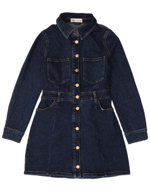 Abito in denim a maniche lunghe da donna Zara UK 12 Cotone blu navy medio