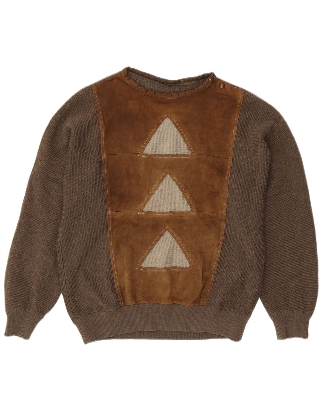 VINTAGE Maglione da uomo con collo a bottoni Maglione grande lana geometrica marrone